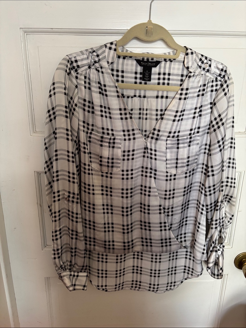 White House Black Market White and Black Plaid V-Neck Blouse